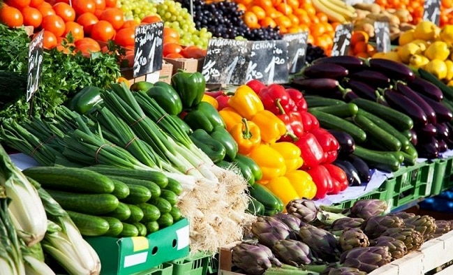 A selection of fresh produce at a market.